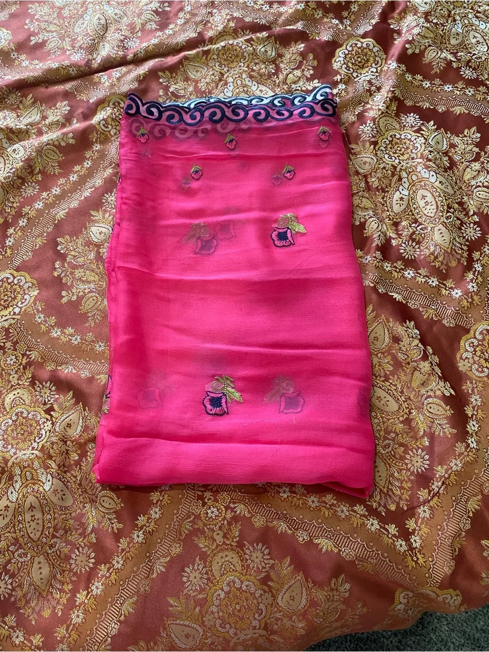 Bright Pink Embroidered Sheer Scarf or dupata/ Wrap - Picture 4 of 5